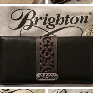 Brighton Contempo Black & Pewter Large Checkbook Leather Wallet